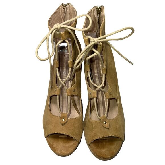 J/SLIDES wedges Tan Caged Lace Up Platform Wedges Size 10 Suede Microfiber. - Picture 3 of 9